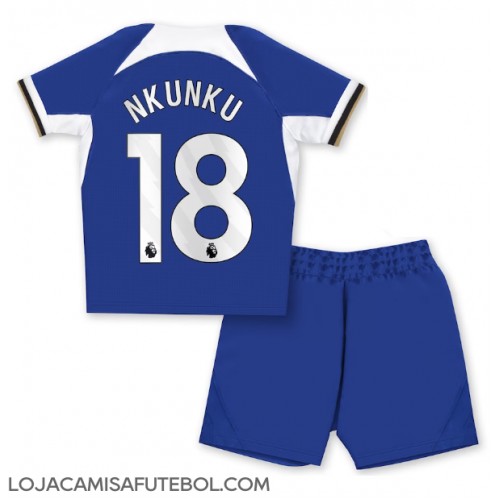 Camisa de Futebol Chelsea Christopher Nkunku #18 Equipamento Principal Infantil 2023-24 Manga Curta (+ Calças curtas)